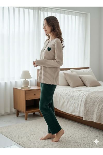 FAMES PİJAMA Women's Beige Interlock Pajama Set