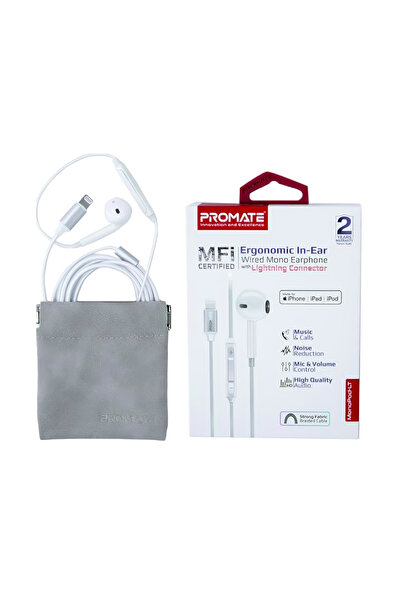 Promate MFI Ergonomic In-Ear Lightning Connector Mono Earphone | MonoPod-LT. White