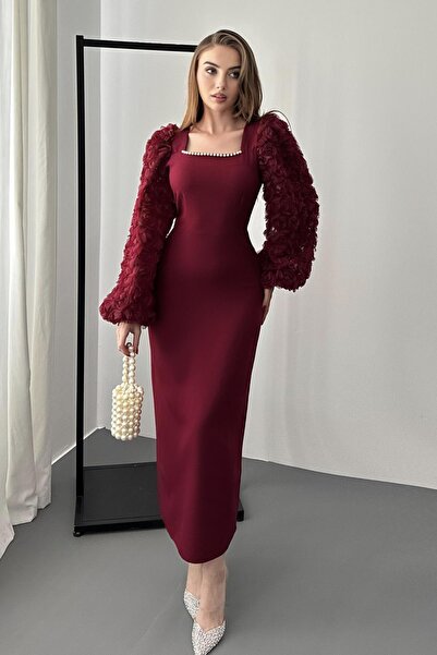 Elbee Fashion Woman Φόρεμα με τετράγωνο λαιμόκοψη με ροζ λεπτομέρεια σε μπορν...