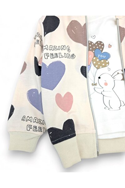 Ege Bebek Heart Patterned Hooded Cardigan Baby Girl Tracksuit Set 3-Piece Set 6-9-12-18-24 Months L 100% Cotton