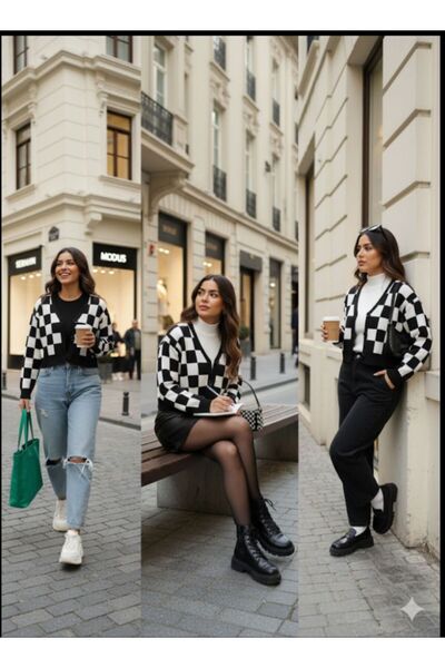 Cockatoo Harajuku Black and White Checkered Square Pattern Oversized Knitwear Cardigan