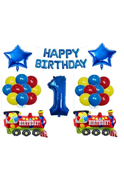 İSTOÇ PARTİ Blue Happy Birthday Star Number Train Foil Balloon Set Age 1