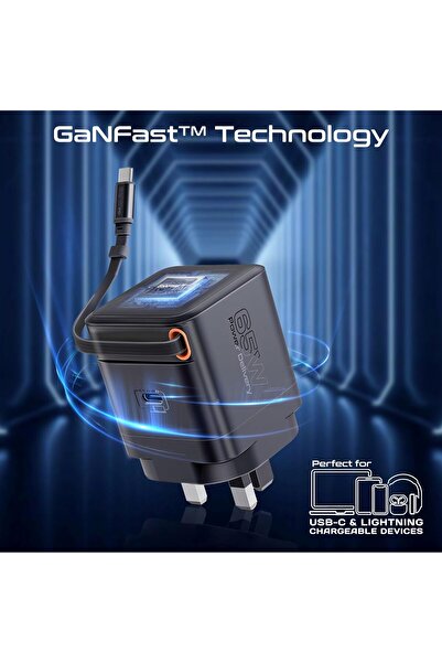Promate 65W GaNFast Charger With USB-C Port, Built-In 65W Retractable Cable, Cubix-R65