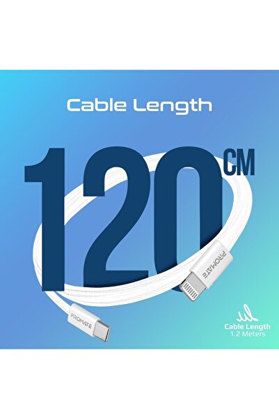 Promate USB-C to Lightning Cable, Ultra-Fast 27W Power Fast Charging Cable,120cm Nylon Braided