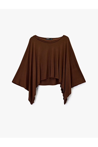 Koton Viscose Fabric Loose Fit Long Batwing Sleeve Wide Round Neck Blouse