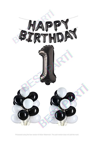 İSTOÇ PARTİ Happy Birthday Black Color Foil Balloon Number Set Age 1