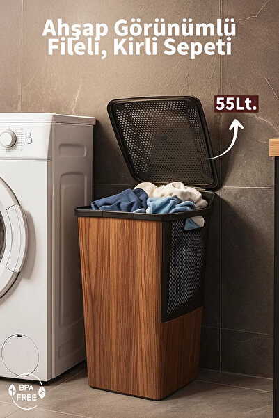 Nandy Home Ahşap Desenli ve Fileli 55Lt. Kirli Sepeti - Hava Alan, Koku Yapma...