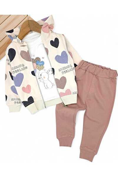 Ege Bebek Heart Patterned Hooded Cardigan Baby Girl Tracksuit Set 3-Piece Set 6-9-12-18-24 Months L 100% Cotton