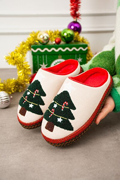 FUGA MODA Noelia Beige Christmas Tree Embossed Embroidered Silent Sole Christmas Gift Slippers House Slippers