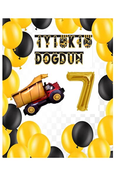 İSTOÇ PARTİ Construction Themed Birthday Banner Truck Balloon Set Gold Age 7