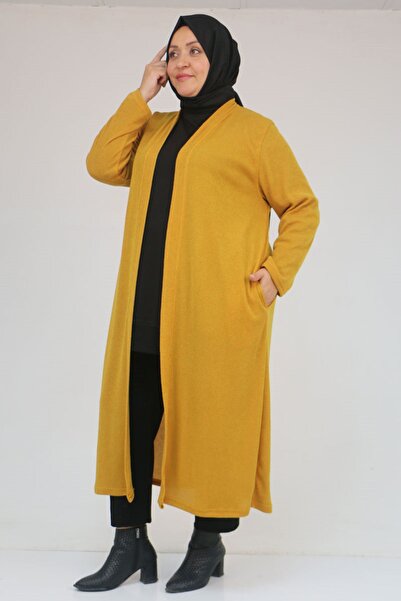 Eslina 53061 Plus Size Long Mir Jacket with Pockets - Mustard
