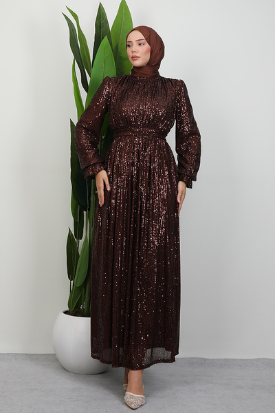 Lamia Giyim Pul Payet Kelebek Abiye Acı Kahve