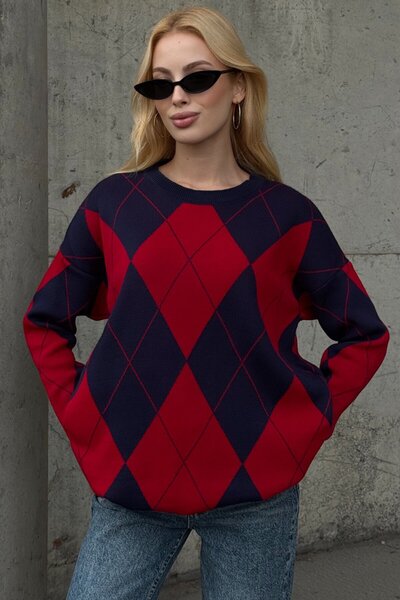 VAGGON Diamond Patterned Crew Neck Knitwear Sweater