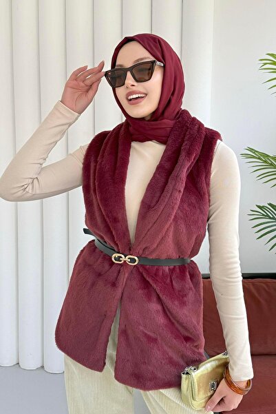 Modaensarbutik Kemer Detaylı Kürk Yelek-BORDO
