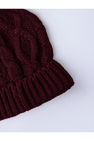 Jimmy Key Burgundy Hair Braid Patterned Pompon Detailed Beanie