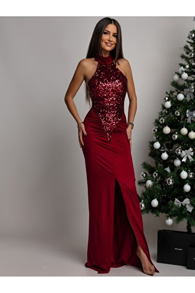 ADAMODA.RO Κομψό μακρύ φόρεμα από λύκρα με πούλιες