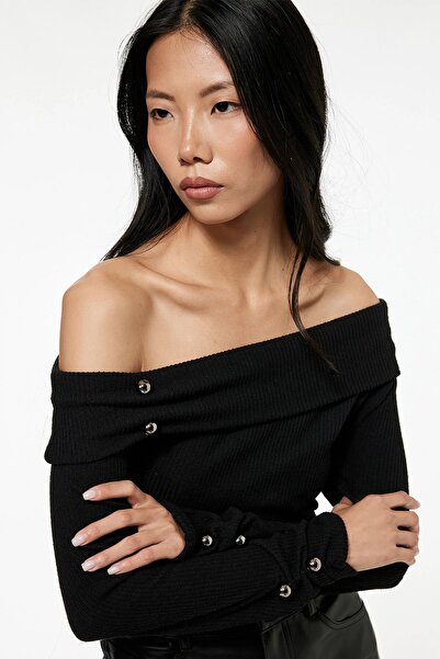 Koton Women's X Sibil Çetinkaya - Slim Fit Long Sleeve Off-The-Shoulder Blouse with Accessories 6Wak80121Pk