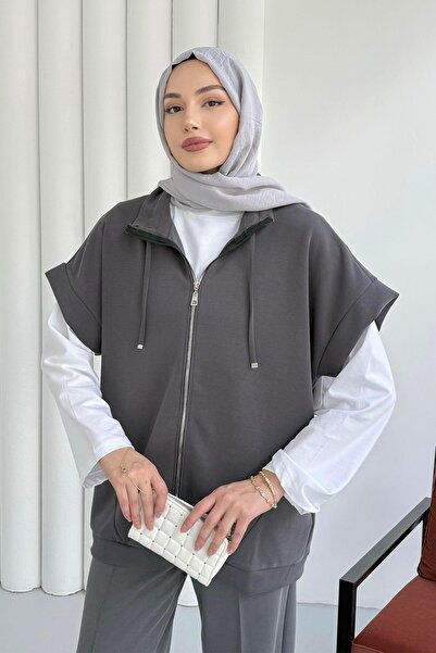 Modaensarbutik Kısa Kol Yıldız Aksesuarlı Bomber Yelek-ANTRASİT