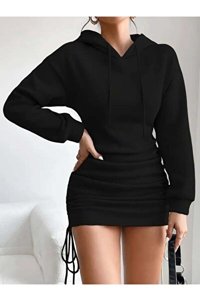 Genel Markalar Kadın Uzun Kollu Kapşonlu Yandan Büzgülü Mini Viskon Iki Iplik...
