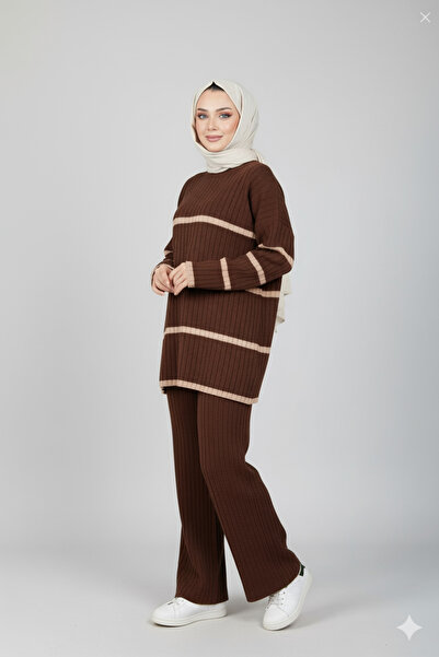 NİCE Brown Two-Color Striped Hijab Knitwear Set