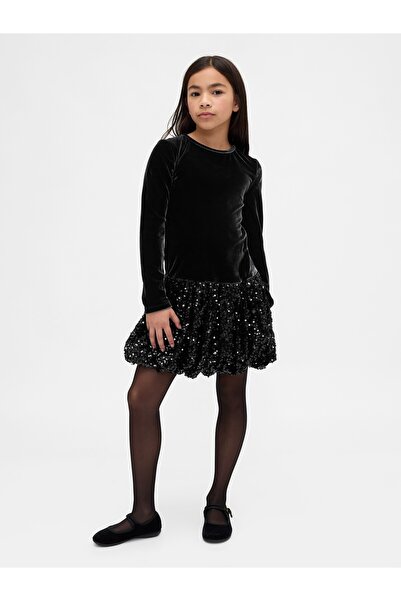 GAP Kız Çocuk Siyah Mixed Media Sequin Balon Elbise