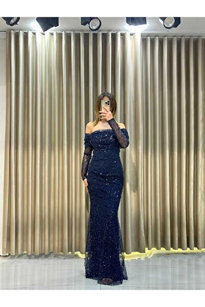 Kaleiçi Yıldızlar Lacivert Uzun Kollu Pul Payetli Önü Detaylı Balık Abiye Elb...