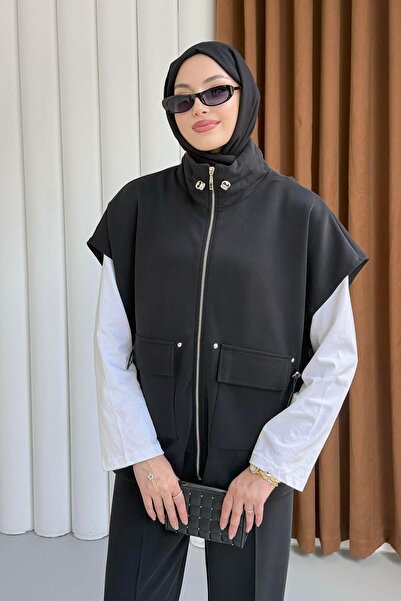 Modaensarbutik Önü Fermuarlı Belden Sıkmalı Yelek-SİYAH
