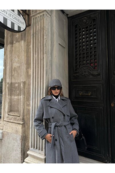 NURCAN KESKİN STORE Gray Belted Premium Stamp Coat