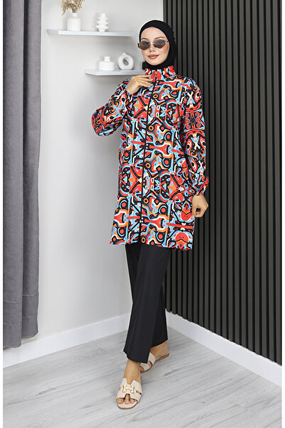 sefamerve Μαγιό Hijab με γεωμετρικό σχέδιο 3 τεμαχίων 1903-01 Blue Coral