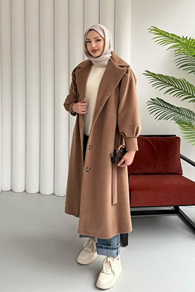 Modaensarbutik Balon Kol Astarlı Bel Kuşaklı Kaşe Kaban-CAMEL