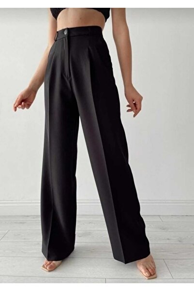 mor butik Women's Black High Waist Palazzo Pants - Loose Leg Stylish & Comfortable Women's Fabric Pants