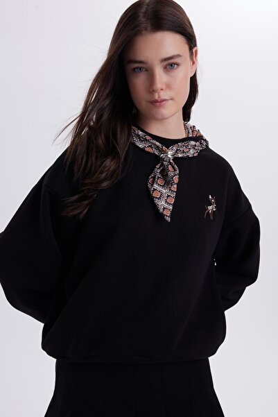 Tudors Kadın Oversize Geniş Kesim Pamuklu Fular Detaylı Bisiklet Yaka Siyah Sweatshirt