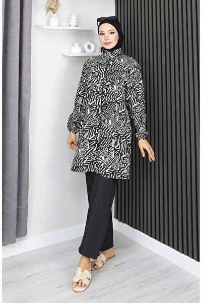 sefamerve Μαγιό Hijab Μοντέρνο Σχέδιο Σετ 3 τεμαχίων 1903-09 Μαύρο Μπεζ