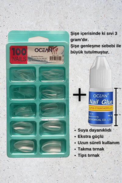 CAVALYN OCEAN Takma Tırnak ( Badem 132 Şefaf ) + Tırnak Yapıştırıcısı ( Nail Glue ) 3gr | Suya Dayanıklı