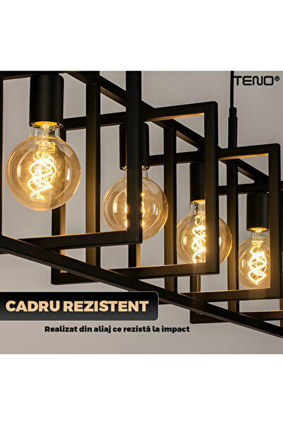 Teno ® Premium Chandelier, 4 panels, modern design, industrial bulbs, high-quality materials, black