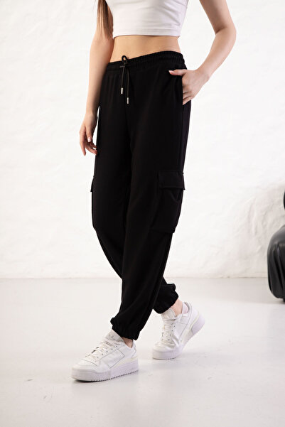 YusGos Women's Soft Textured Modal Fabric Pocket Detailed Elastic Leg Cargo Pants