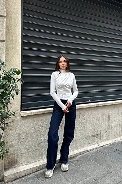 New Now Stand-Up Collar D Draped Diver Fabric Long Sleeve Blouse