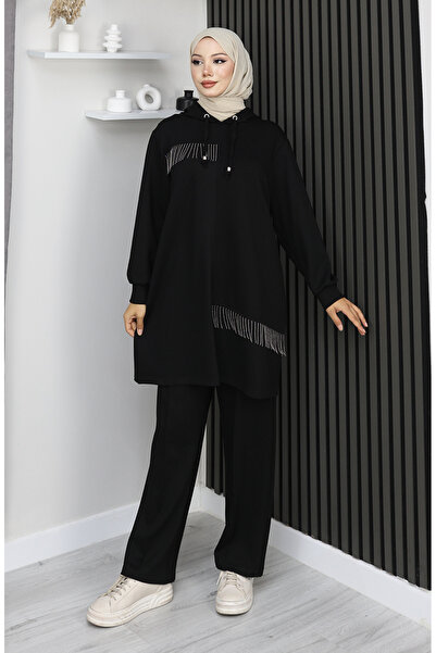 sefamerve Premium Fabric Chain Detailed Double Hijab Set 0212-03 Black