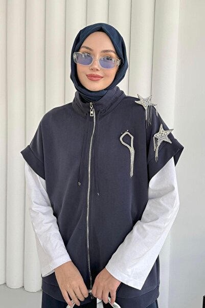 Modaensarbutik Kısa Kol Yıldız Aksesuarlı Bomber Yelek-LACİVERT