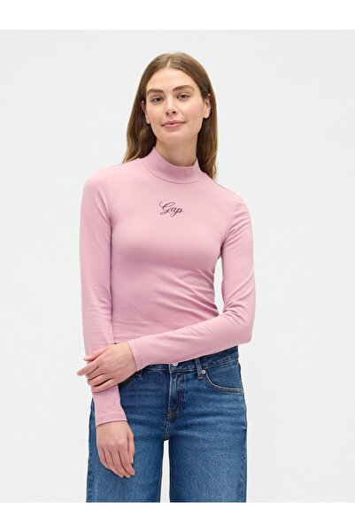 GAP Kadın Pembe Crop Logo Mockneck T-Shirt