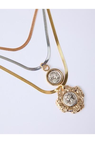 Jimmy Key Altın Rengi Üçlü İtalyan Zincirli Etnik Desenli Kolye