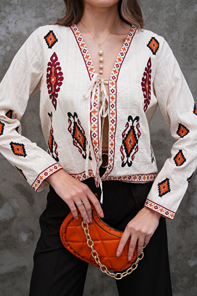 FancyWorld Beige Red Ethnic Patterned Front Tie Embroidered Blouse