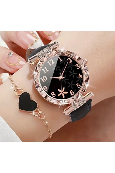 zehracatasariim Siyah Renk Kuvars Kadın Kol Saati Kalp Bileklik Hediyeli