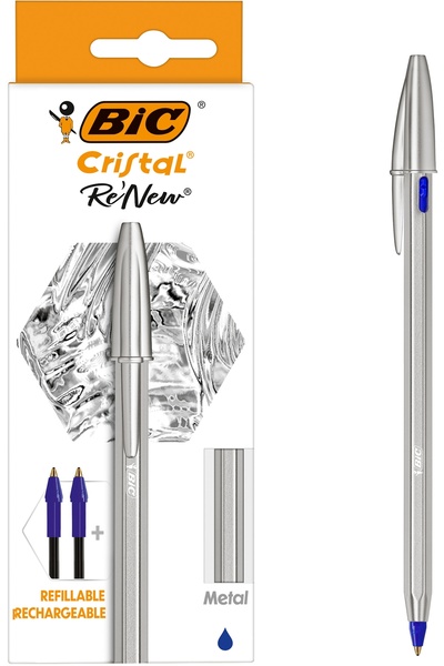 Bic Re'New Cristal pen, 1.0 mm, blue, metal body, box, 1 pen and 2 refills
