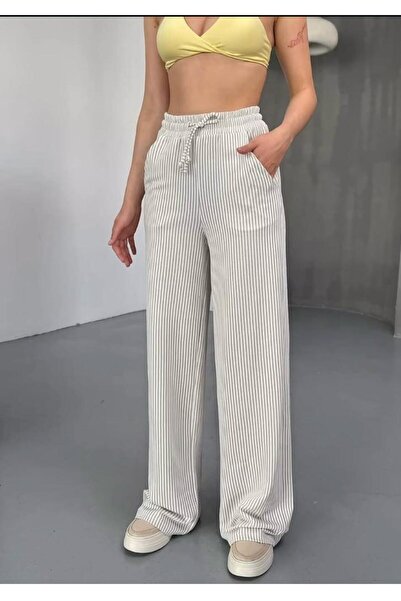 GAMZELİRENKLERİM Stripe Patterned Loose-Leg Pants with Lycra for Comfort