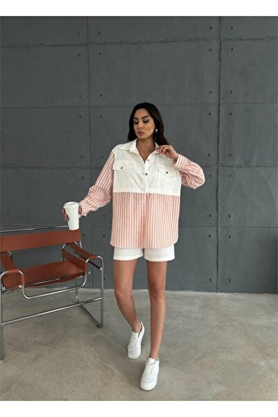 Modayakamoz شورت جبردين - جبردين - طقم جاكيت كتان مخطط - برتقالي