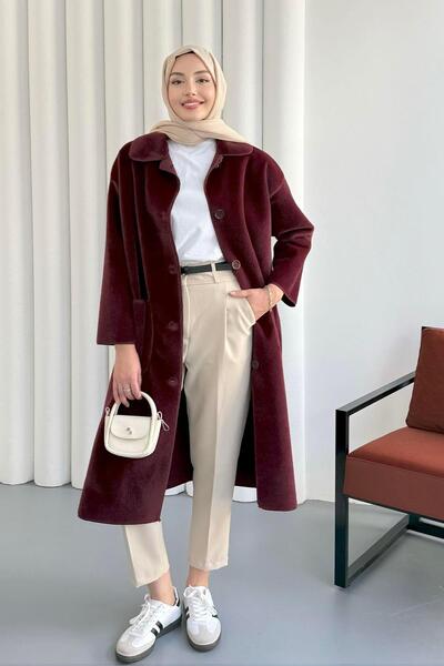 Modaensarbutik Torba Cepli Bebe Yaka Oversize Kaban-BORDO