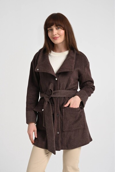 Jupe Kadın Çıtçıt Detaylı Kuşaklı Kaşe Kap 9285