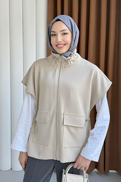 Modaensarbutik Önü Fermuarlı Belden Sıkmalı Yelek-TAŞ