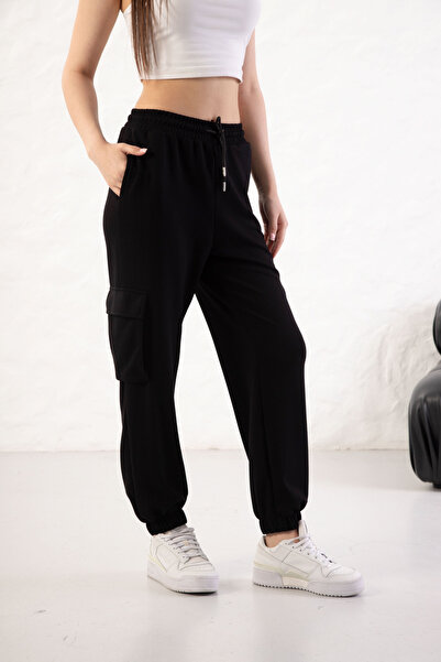 YusGos Women's Soft Textured Modal Fabric Pocket Detailed Elastic Leg Cargo Pants